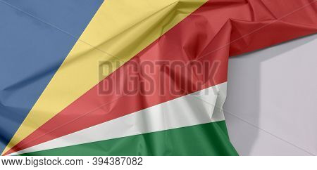 Seychelles Fabric Flag Crepe And Crease With White Space, Five Oblique Bands Of Blue Yellow Red Whit