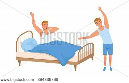 Guy Waking Up And Doing Morning Workout Set, Young Man Activity And Daily Routine Cartoon Vector Ill