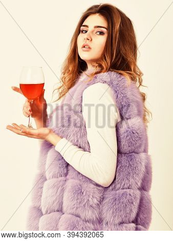 Hedonism Concept. Reasons To Drink Red Wine In Wintertime. Woman Drink Wine. Girl Fashion Makeup Wea