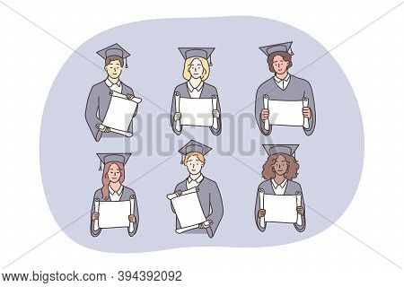 Studentship, Graduation, Diploma Set Concept. Multiethnic African American Chinese Boys Girls Studen