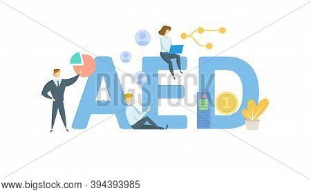 Aed, Arab Emirates Dirham. Concept With Keywords, People And Icons. Flat Vector Illustration. Isolat