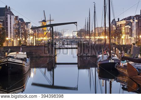 Rotterdam, Netherlands - November 10, 2020: Historical House Boats Moored In Delfshaven In Rotterdam