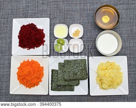 Top View, Ingredients For A Traditional Russian Salad With Seaweed Called 