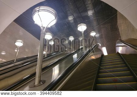 Moscow, Russia - 03 16 2019: Metro Station Verkhniye Likhobory, Lyublinsko-dmitrovskaya Line. Escala