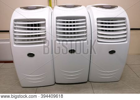 Moscow / Russia 03 24 2019: Portative Bimatek Air Cooling System In The Shop At The Factory. Mobile 