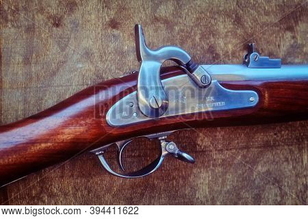 Ancient American Shock Rifle Of The Civil War, Close-up. Percussion Rifle U.s. Springfield, 1861.