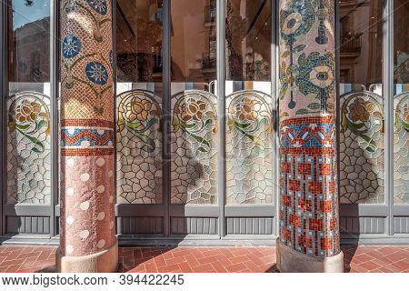 Barcelona, Spain - Feb 24, 2020: Intricate Mosaics Cermic Tiles Columns On Balcony Catalonia Music H