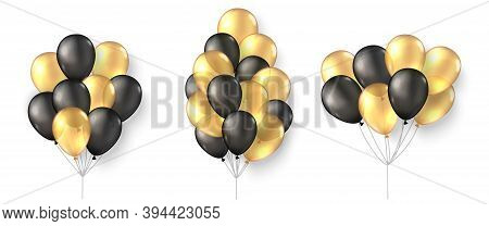 Gold Black Balloons. 3d Realistic Happy Holidays Flying Air Helium Ballon Mock Up.