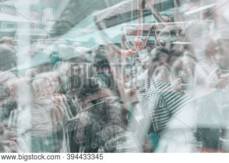 Abstract Blurred Large Crowd At A Trade Fair, Walking In The Shopping Center, Unrecognizable People,