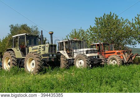 September 2020, Calestano Province Of Parma, Italy. Three Tractors. Same Galaxy 170. Hurlimann H 617