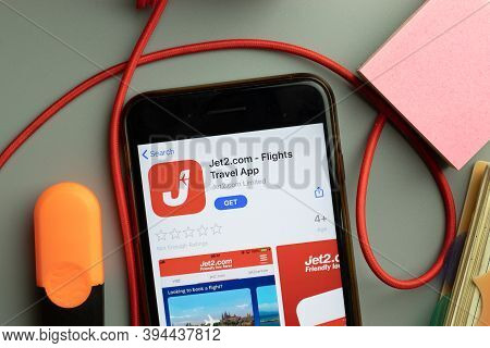 New York, United States - 7 November 2020: Jet2.com Jet2 Flights Travel App App Store Logo On Phone 