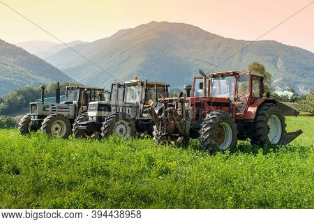 September 2020, Calestano Province Of Parma, Italy. Three Tractors. Same Galaxy 170. Hurlimann H 617