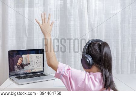 Asian Little Girl Student Learning Via Internet Online Class From School Teacher Duling Covid-19 Out