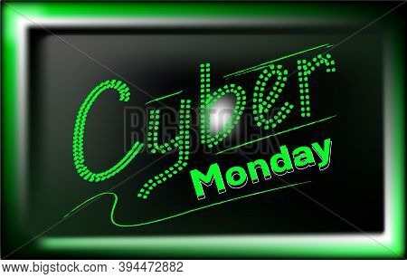 Cyber Monday Sale, Discount Shopping Concept, Square Commercial Or Label. Green Light Digital Style 