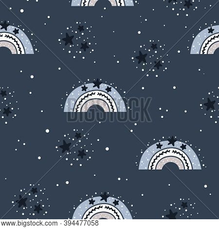 Cute Nursery Seamless Pattern In Scandinavian Style With Rainbow, Stars And Abstract Dots. Nordic Ch