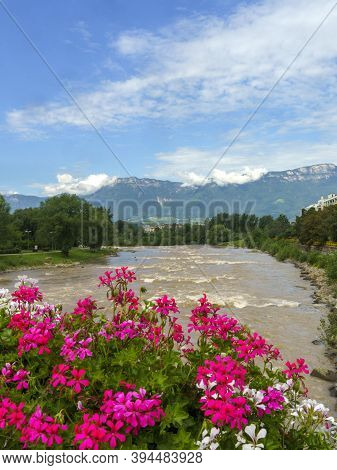 Cycleway Of Isarco Valley, Bolzano Province, Trentino Alto Adige, Italy. Flowers And River