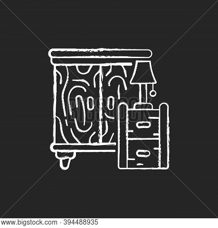 Wooden Furniture Chalk White Icon On Black Background. Drawers, Cupboards. Handcrafted Design. Solid
