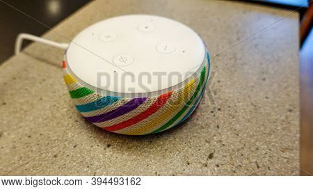 Seattle, Wa/usa-9/15/19: An Amazon Alexa For Sale An Amazon Bookstore.  Amazon Alexa, Known As Alexa