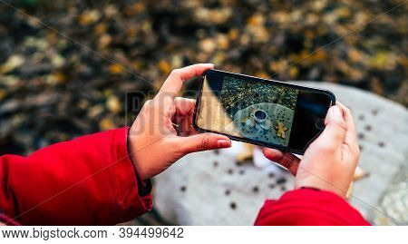 Close Up Of Womans Hands Photographing On Smartphone Still Life Of Cup Of Coffee With Gingerbread Ma