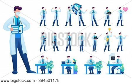 Set Of Man Doctor. Presentation In Various In Various Poses And Actions. 2d Flat Character Vector Il
