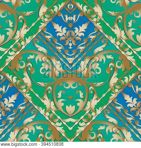 Gold Baroque Striped Seamless Pattern. Blue And Green Floral Vector Baclground Wallpaper With Vintag
