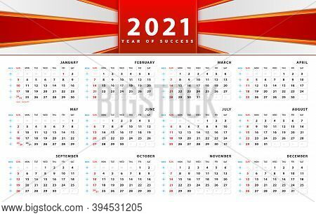 Calendar 2021 Template Design. Header Abstract Red Design And Clean Layout For Business, Corporate D