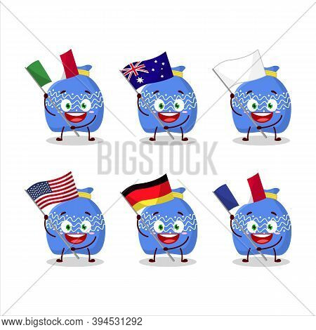 Blue Santa Bag Cartoon Character Bring The Flags Of Various Countries