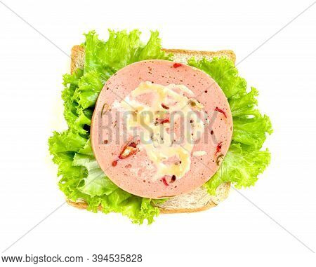 Bologna Sliced With Bread And Lettuce Leaf Isolated On White Background