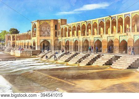 Khaju Bridge Colorful Painting, 17th Century, Zayanderud River, Isfahan, Isfahan Province, Iran.