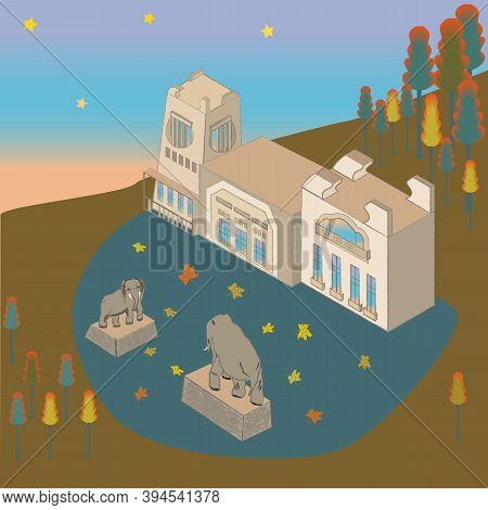 House With Elephants In Art Nouveau Style.  Castle In The Background Of Nature.  Country House Of Th