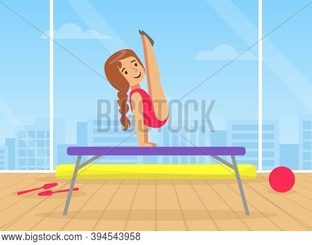 Cute Girl Performing Gymnastic Exercise On Uneven Bars, Gymnast Girl With Ribbon Taking Part In Rhyt