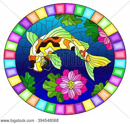 Illustration In Stained Glass Style With A Koi Carp On A Background Of Otuses Flowers And Water, Ova