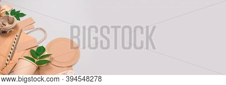 Banner - Set Of Eco-friendly Tableware, Kraft Paper Food Packaging On Light Grey Background, Copyspa