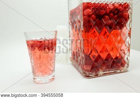 Homemade Tincture Of Red Cherry. Berry Alcoholic Drinks Concept. Homemade Red Wine Made From Ripe Ch