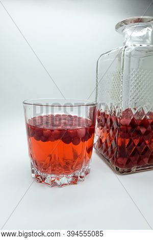 Homemade Tincture Of Red Cherry. Berry Alcoholic Drinks Concept. Homemade Red Wine Made From Ripe Ch
