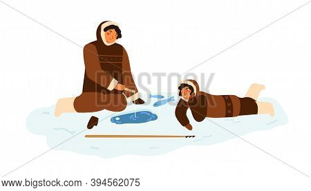 Eskimo People In Traditional Winter Costumes Sitting And Fishing At Snowy Ice Hole. Alaskan Fisherma
