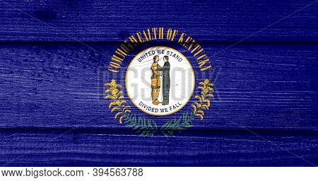 Kentucky Flag Painted On Old Wood Plank Background. Brushed Natural Light Knotted Wooden Board Textu