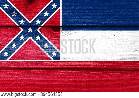 Mississippi Flag Painted On Old Wood Plank Background. Brushed Natural Light Knotted Wooden Board Te