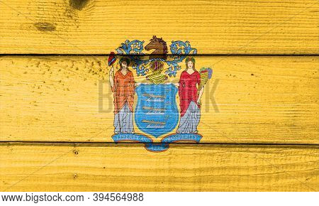 New Jersey Flag Painted On Old Wood Plank Background. Brushed Natural Light Knotted Wooden Board Tex