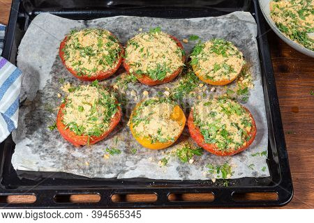 Provencal Tomatoes - Preparation Of A Dish, Halves Of Tomatoes Sprinkled With Breadcrumbs, Herbs And