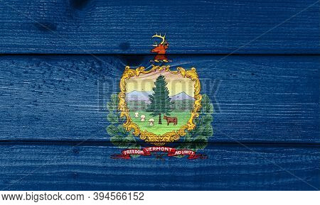 Vermont Flag Painted On Old Wood Plank Background. Brushed Natural Light Knotted Wooden Board Textur