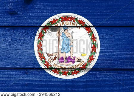 Virginia Flag Painted On Old Wood Plank Background. Brushed Natural Light Knotted Wooden Board Textu