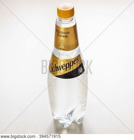 Moscow, Russia - November 4, 2020: Russian Edition Plastic Bottle Of Schweppes Indian Tonic Water On