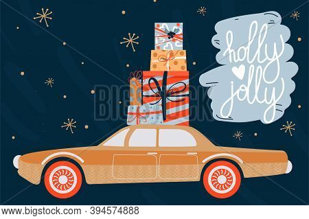 Christmas And Happy New Year Greeting Card With Retro Car And Christmas Gifts And Lettering. Vector 