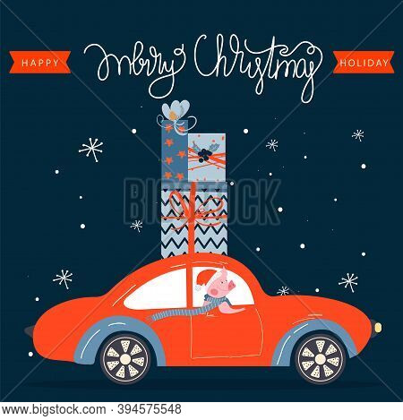 Christmas And Happy New Year Greeting Card With Retro Car And Christmas Gifts And Lettering. Vector 