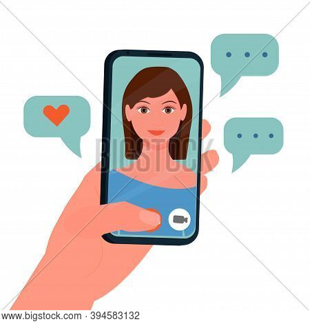 Hand Holding Mobile Phone, Video Call, Conversation. Face Of Girl On Screen Isolated On White Backgr