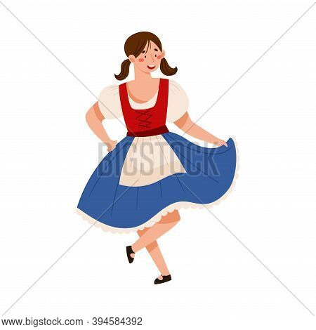 Young Woman In Traditional Dirndl Dress Dancing Vector Illustration