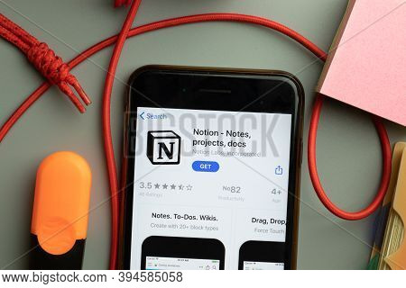 New York, United States - 7 November 2020: Notion App Store Logo On Phone Screen, Illustrative Edito