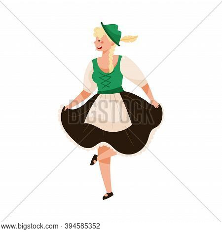 Smiling Woman In Traditional Dirndl Dress Dancing Vector Illustration