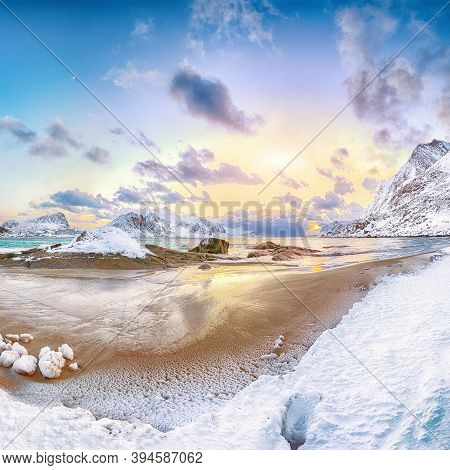 Fantastic Winter View Of Haukland Beach During Sunset With Lots Of Snow  And Snowy  Mountain Peaks N